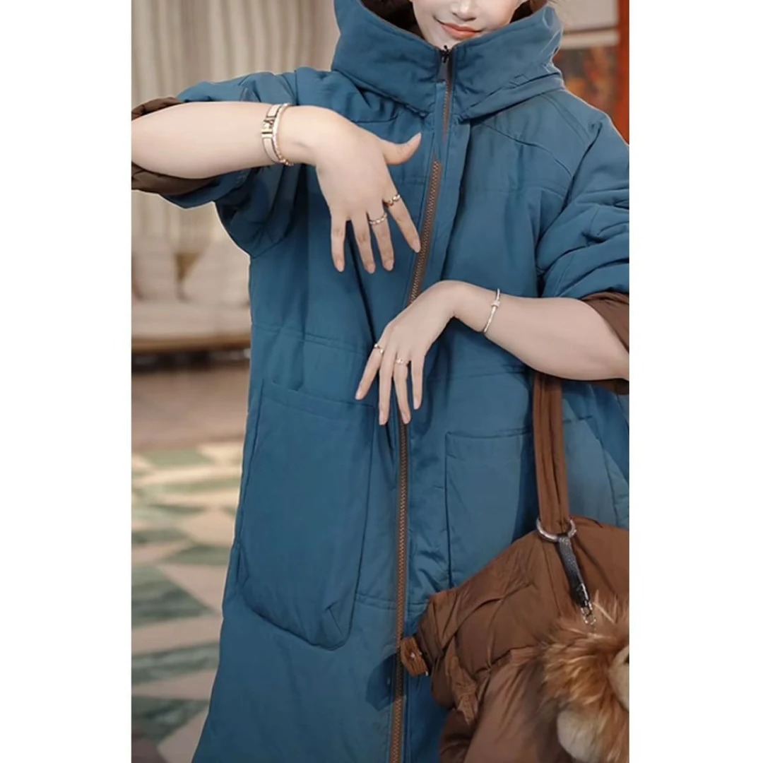 时尚气质高档宽松连帽棉服2025冬季中长款双面穿防寒保暖长袖外套