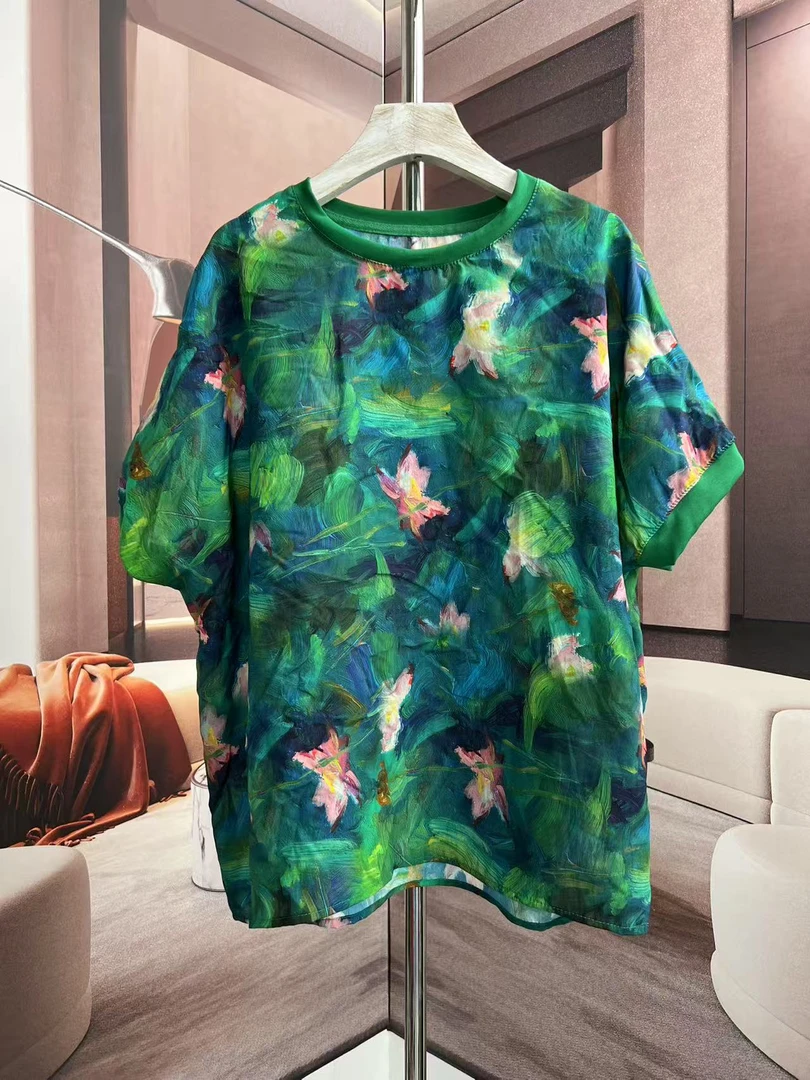 国潮风女装2025新款洋气宽松休闲气质网红时尚百搭T袖绿色夏季