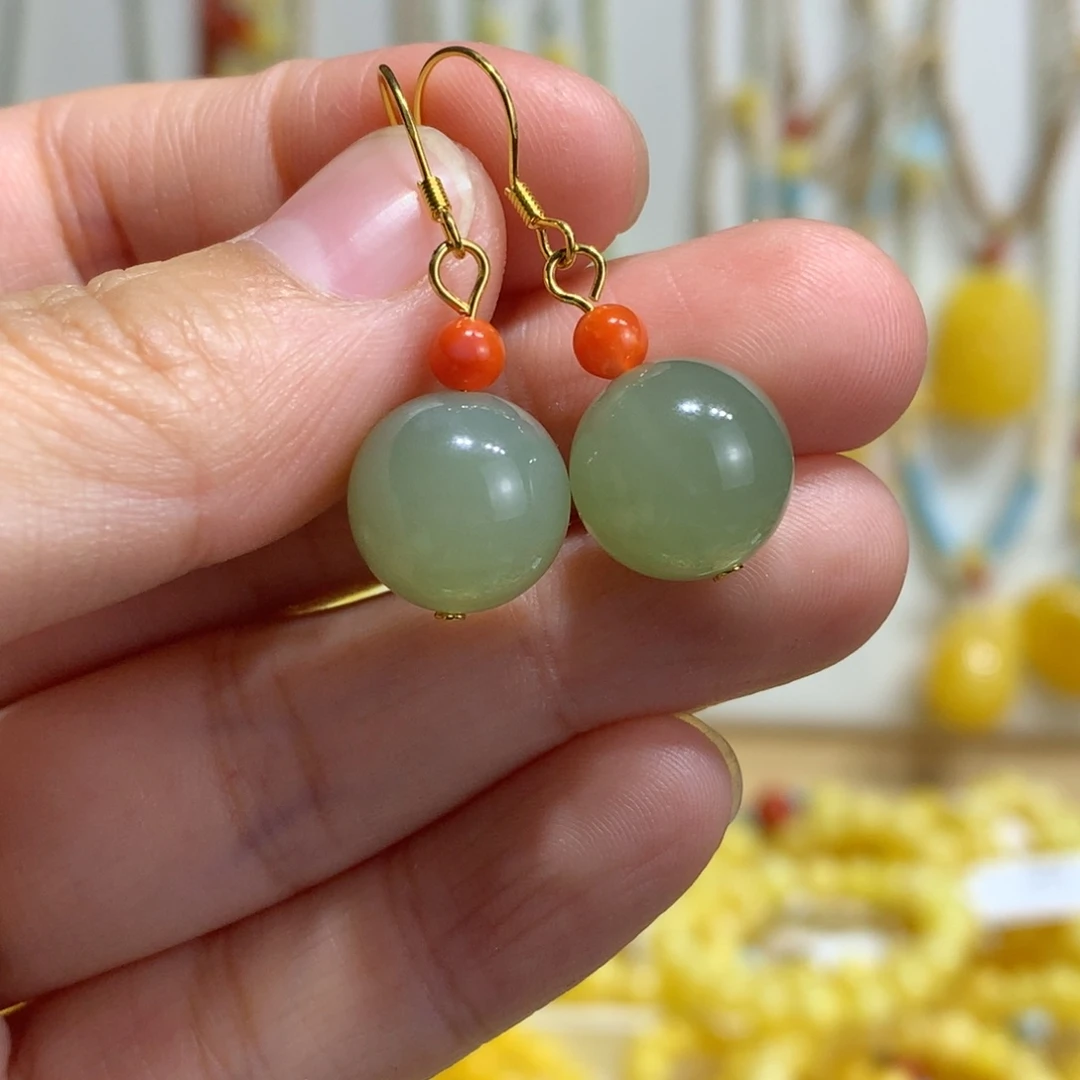 和田玉银S925镀金镶嵌耳饰特价