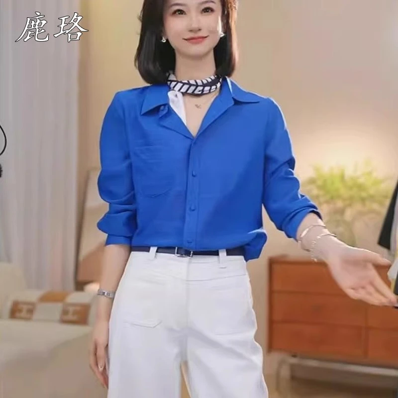 气质职业Polo领单排扣百搭长袖衬衫克莱因蓝内搭叠穿上衣2025春夏