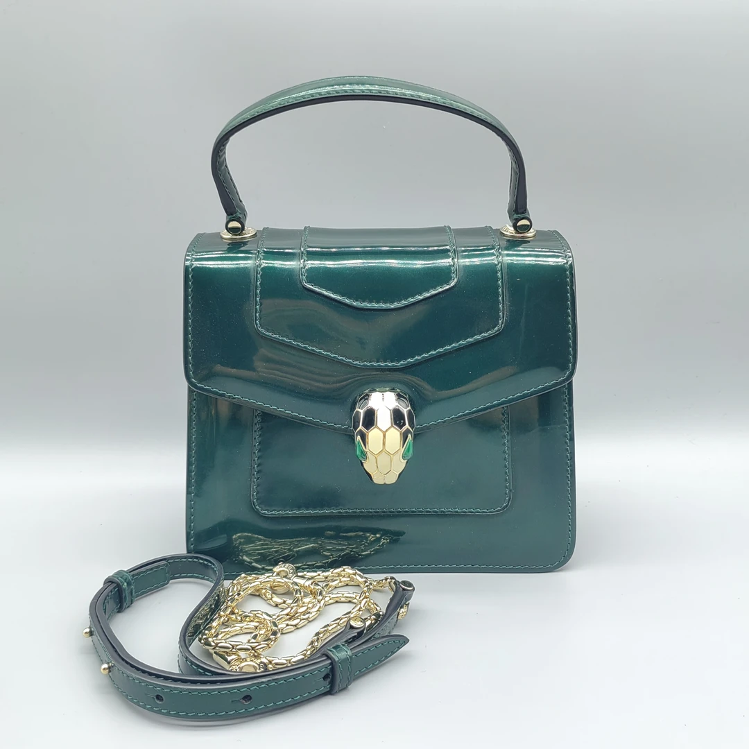 95新 BVLGARI/宝格丽  绿色漆皮蛇头链条包 1664 0015