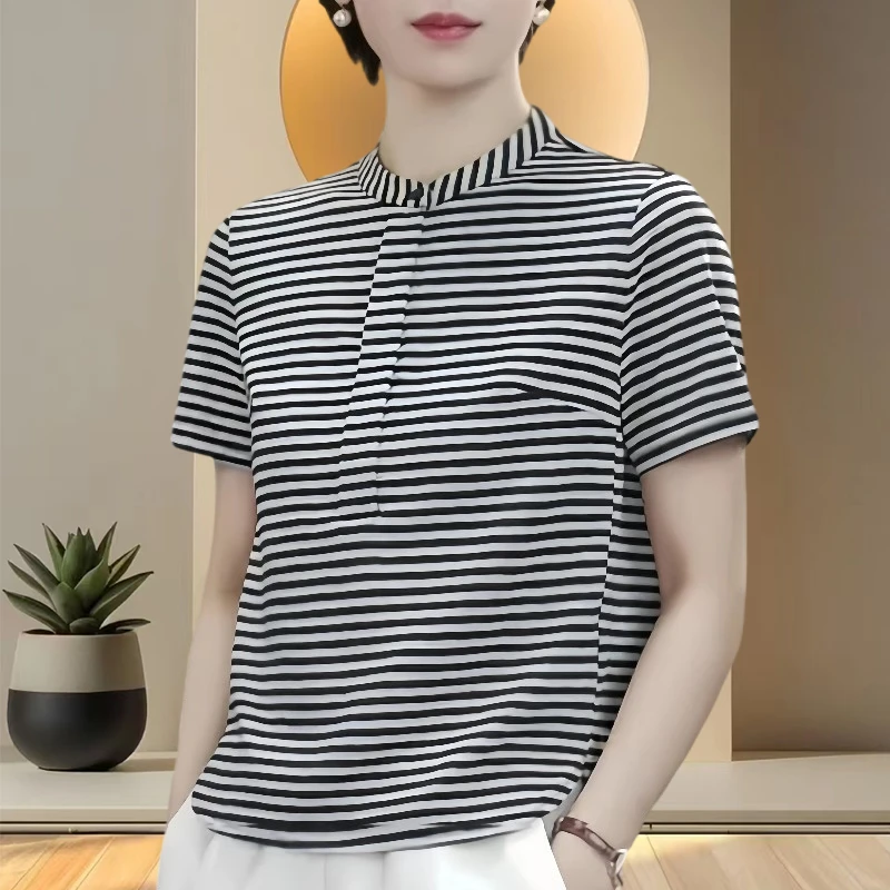 复古时髦细条纹女士T恤新款纯棉短袖休闲百搭欧货上衣洋气休闲装