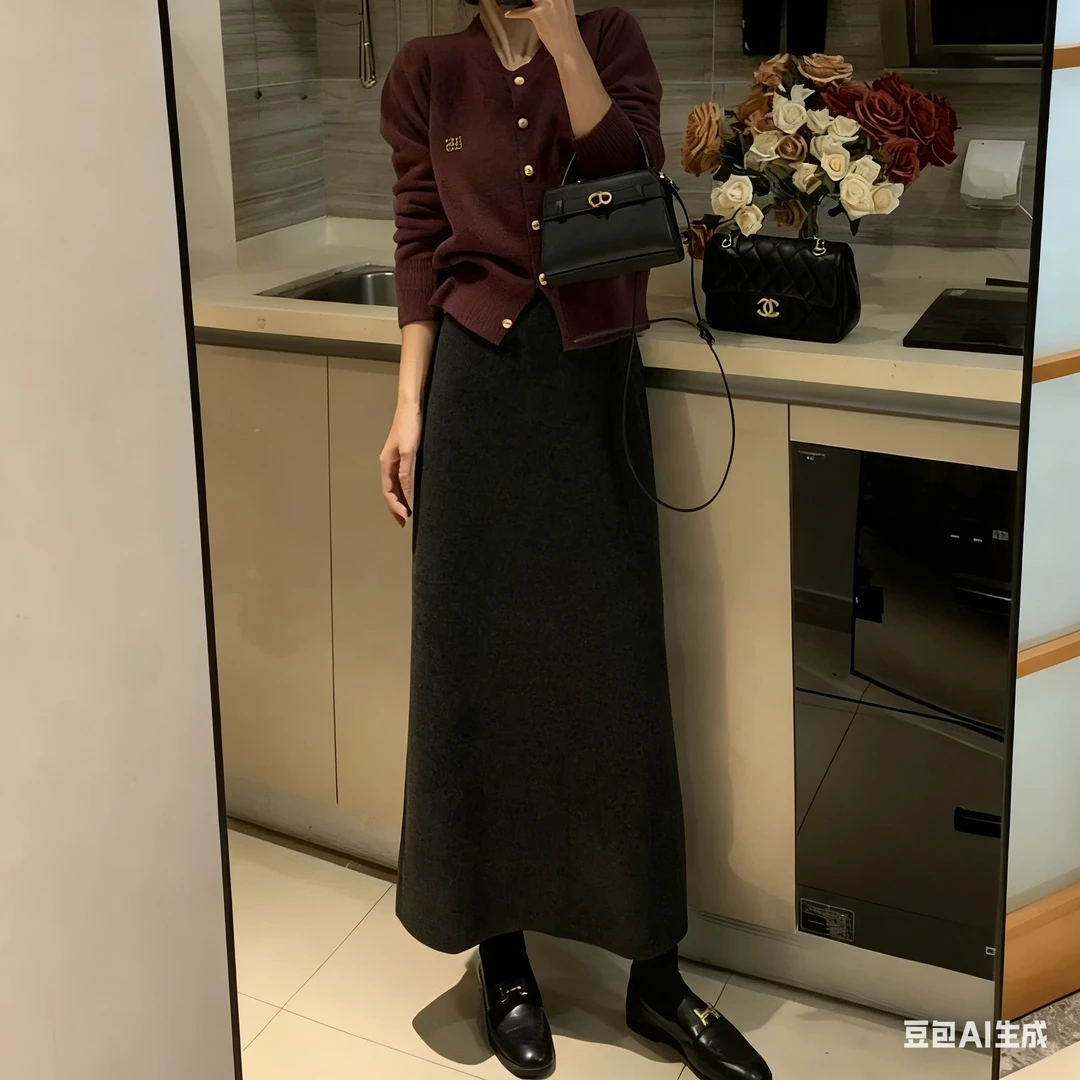 秋冬新款加绒加厚糯米羊绒直筒半身裙气质百搭后开叉2601