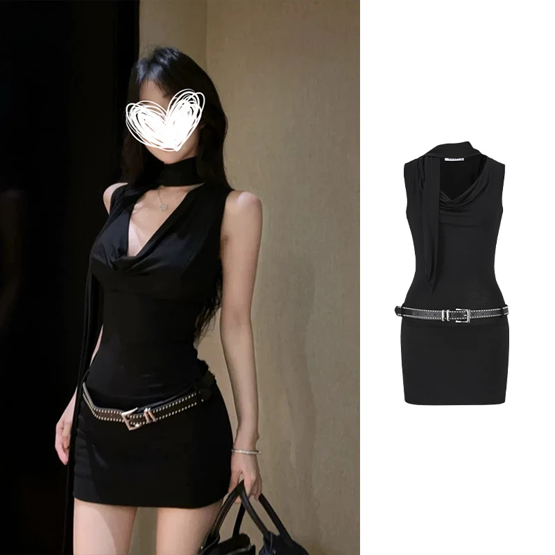 Moses Queen/魔西女王辣妹黑色荡领飘带连衣裙女夏季修身包臀短裙