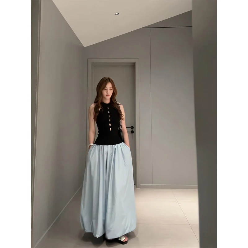 法式设计感镂空立领毛衣背心花苞长裙半身裙中长大摆A字长裙伞裙