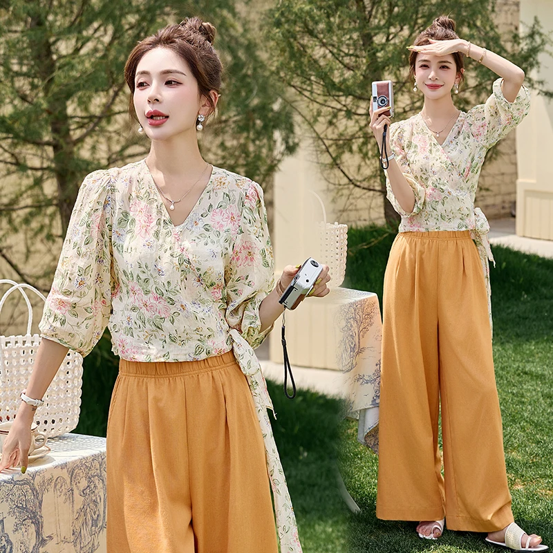法式复古碎花系带短袖衬衫阔腿裤套装2025夏季新款设计感两件套潮
