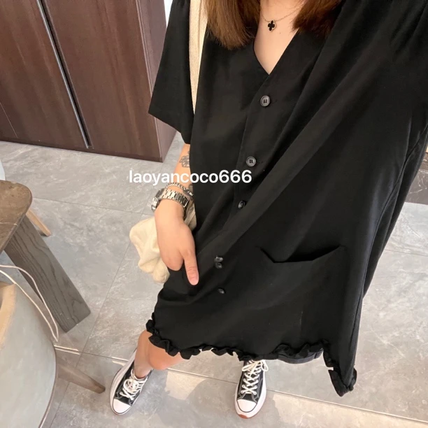 V领薄料棉麻连衣裙【77186】