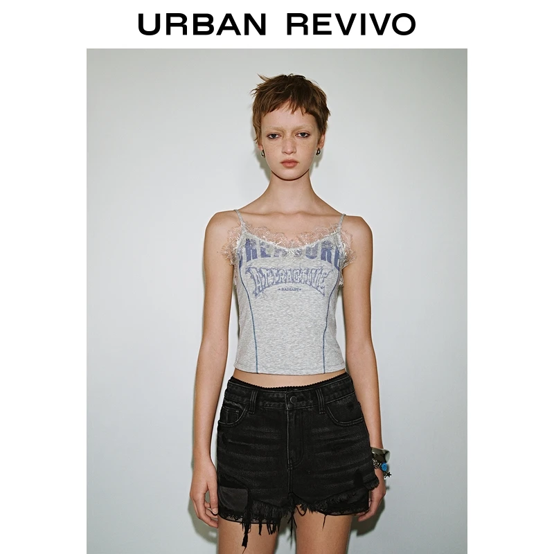 UR2025夏季新款女街头感撞色印花蕾丝拼接吊带背心UYV450091