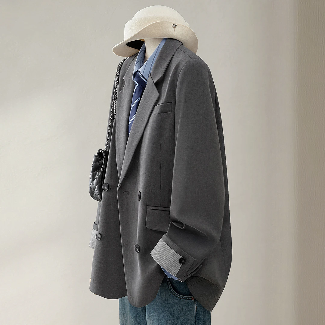 丝柏舍2025秋装新款女装长袖宽松款双排扣西装领外套S53B3370A