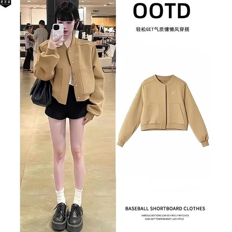 韩系宽松纯色棒球服女春季短款正肩夹克小个子潮流聚酯纤维上衣