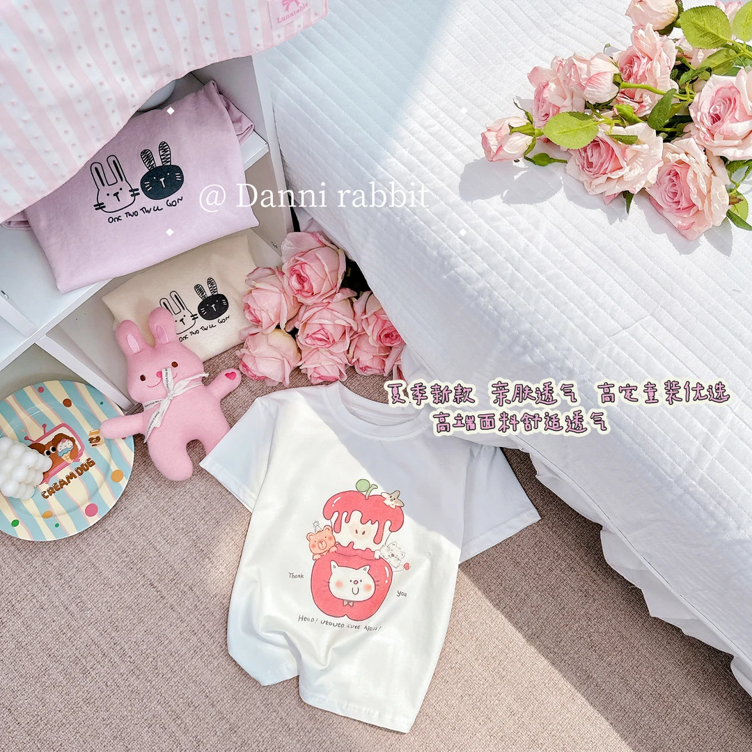 【Dannirabbit】*夏季可爱百搭卡通治愈苹果小熊女童T恤G-1011