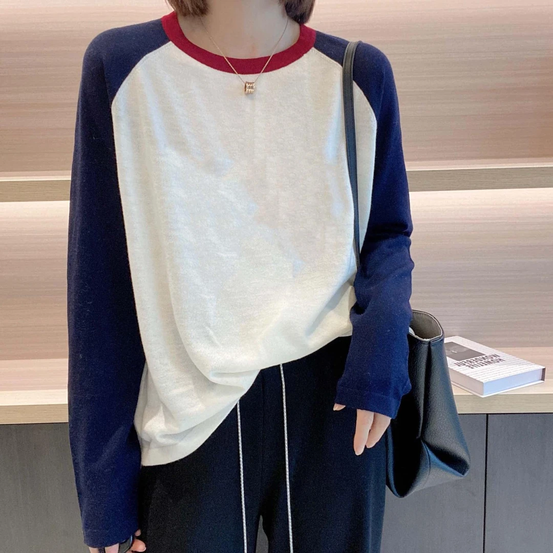 秋季圆领拼色T恤宽松欧货时髦休闲插肩袖套头打底衫上衣女装长袖