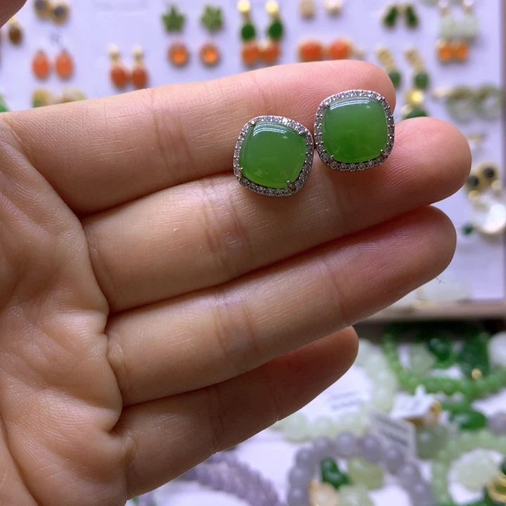 和田玉银S925镶嵌耳饰