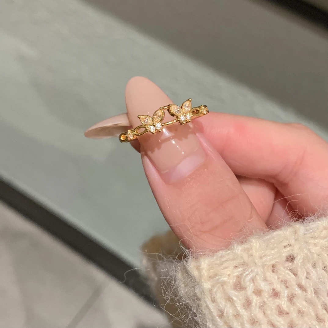 足金999素金5D硬金镶嵌渐动蝴蝶戒指