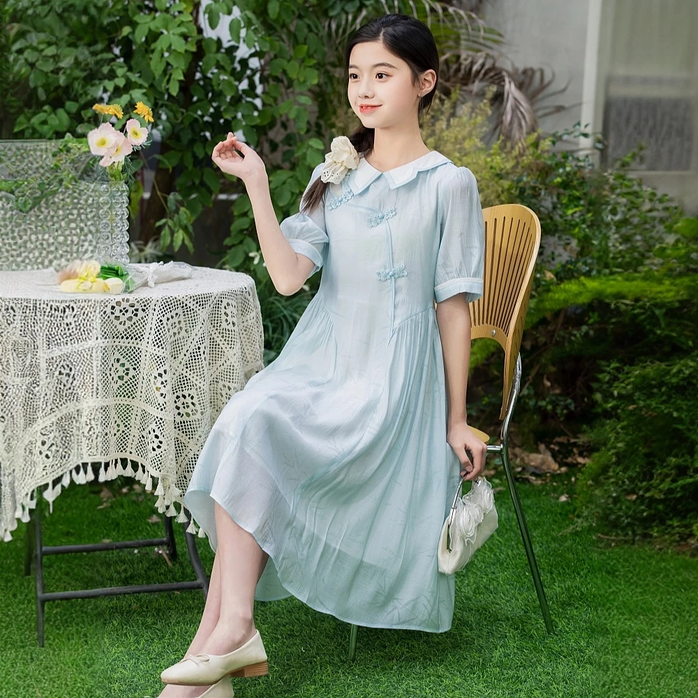 女大童夏季中国风国风连衣裙2025新款洋气初高中生公主裙娃娃领潮