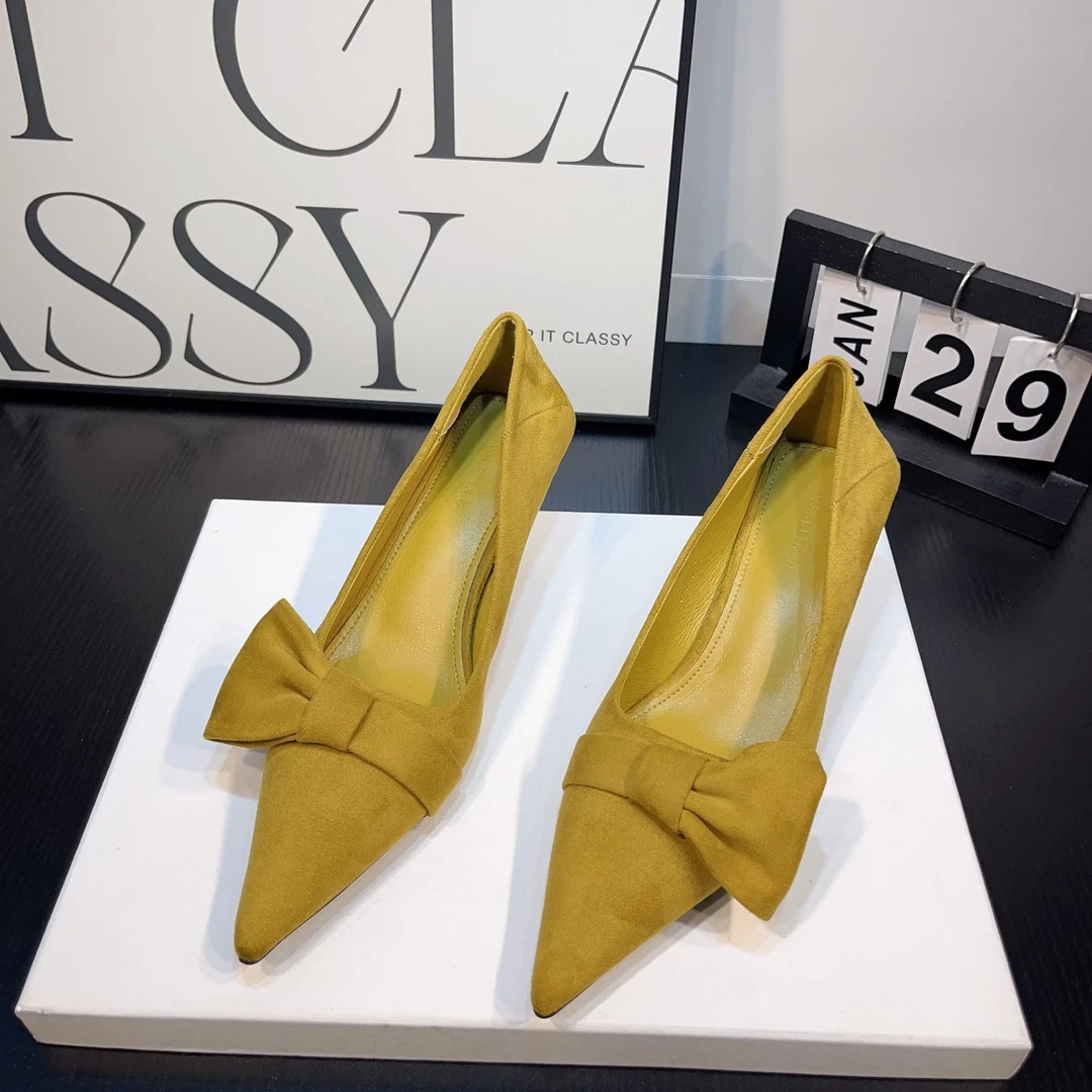 【小咪】2025春秋季法式绒面侧蝴蝶结细跟尖头单鞋女浅口职业高跟鞋