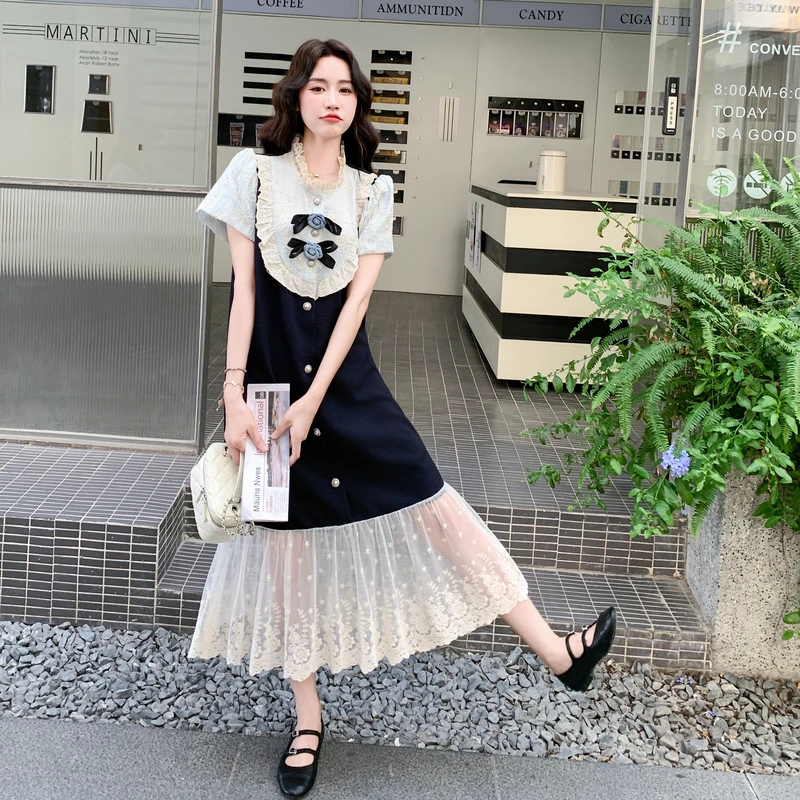 法式名媛气质连衣裙女2025夏季新款设计感蕾丝拼接宽松显瘦长裙潮