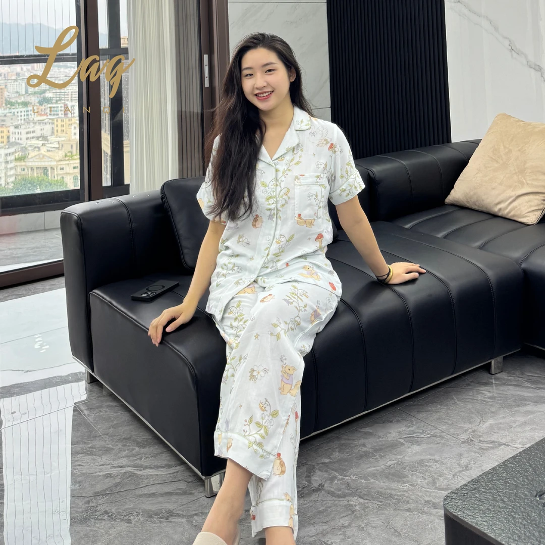 竹棉棉纱睡衣女25年新款轻羽双层纱布开衫长袖长裤印花套装家居服