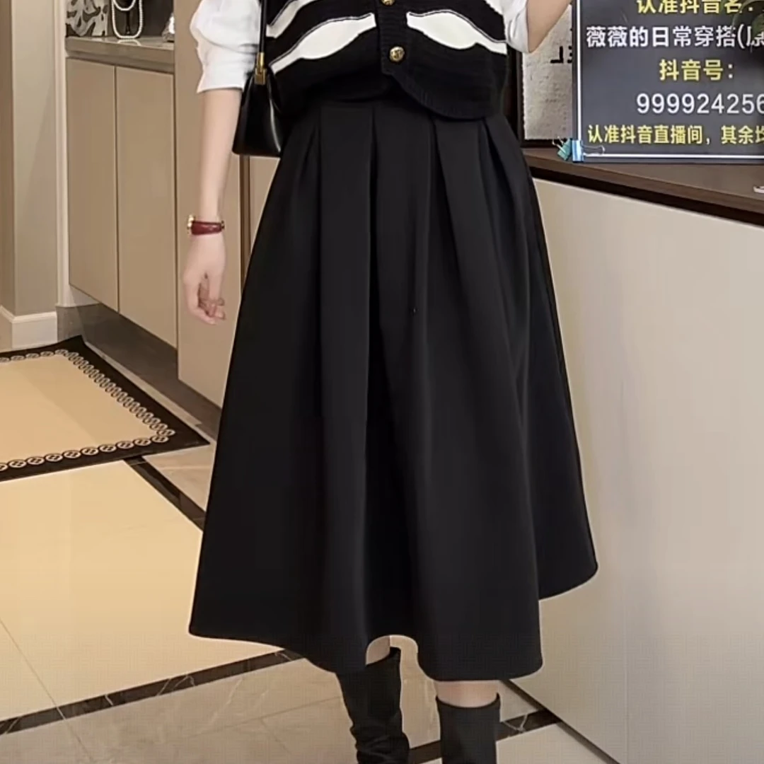 B212赫本裙秋季新款黑色高腰显瘦遮胯中长款A字半身裙912B212