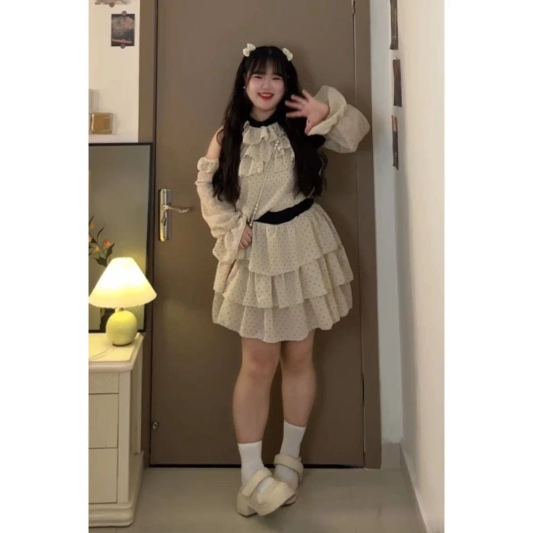 减龄波点上衣蛋糕短裙两件套女胖mm梨型身材遮肉显瘦夏季套装3399