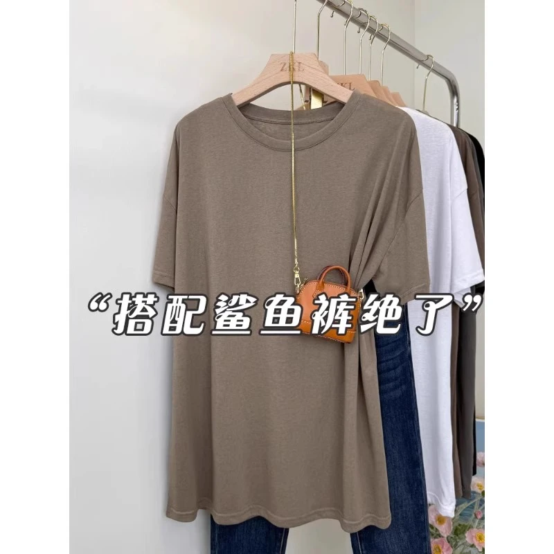 美拉德正肩短袖T恤女2025夏季穿搭中长款遮屁股搭配鲨鱼裤的上衣