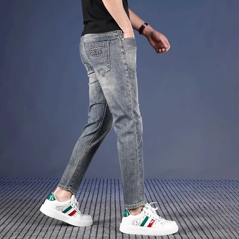 Cebrodz蓝灰色九分牛仔裤男修身小脚弹力夏季薄款潮流百搭9分裤