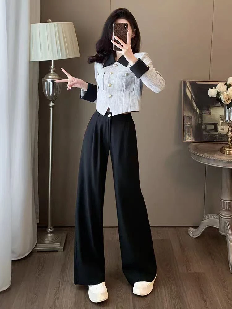 3014慵懒风小香风森系休闲风时尚套装洋气黑色高腰西装