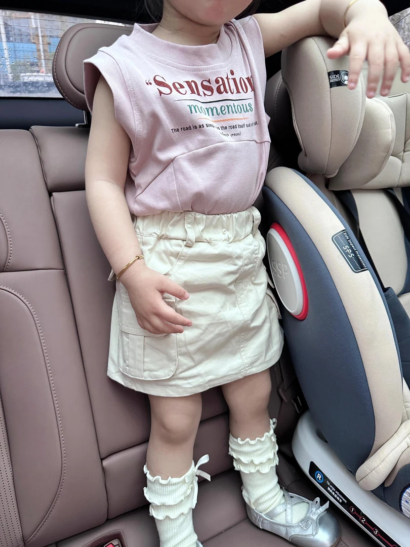 《小思家》女童2025夏季新款休闲粉色背心米色工装半裙衬衫外套套装