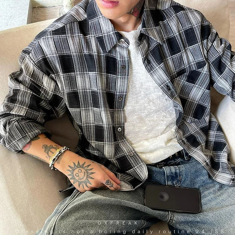 【JRXR男装】「黑白格纹圆弧下摆」初秋格子长袖衬衫男廓形休闲