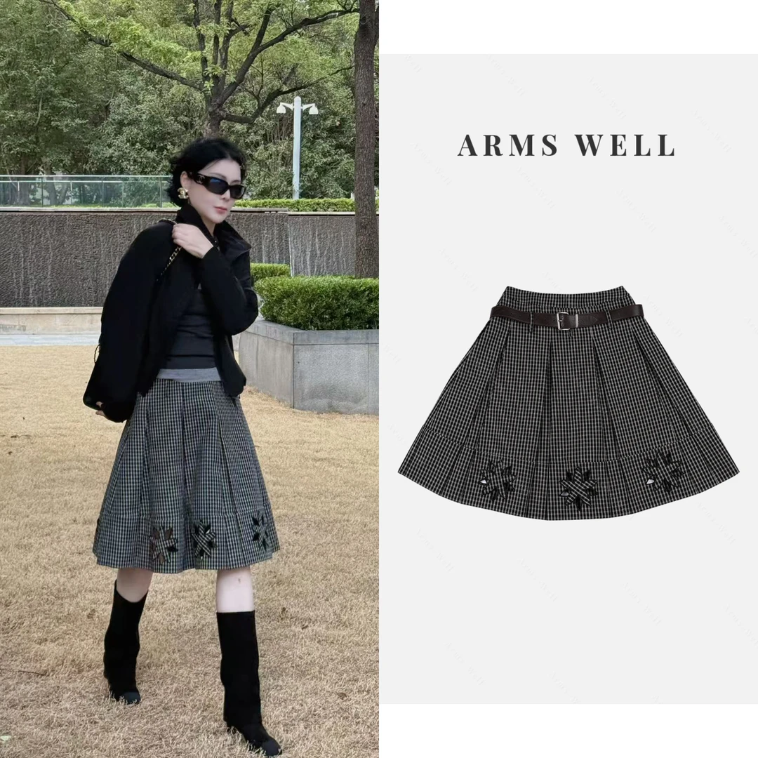 ARMS WELL王囡囡 黑白格子星星裙摆半身裙（有腰带）L161