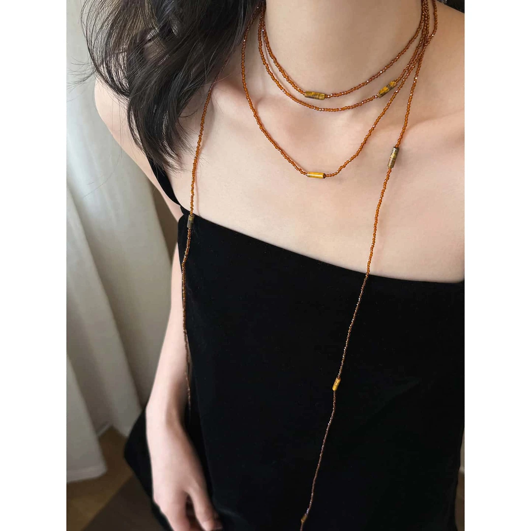 铜合金项链 虎眼石串珠多层叠戴项链女小米珠长款毛衣链挂脖配饰