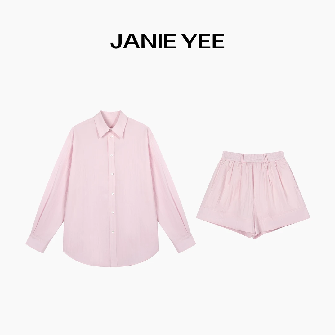 Janie Yee“少女粉套装” 薄款精梳棉长袖防晒衬衫短裤女夏 25A2097