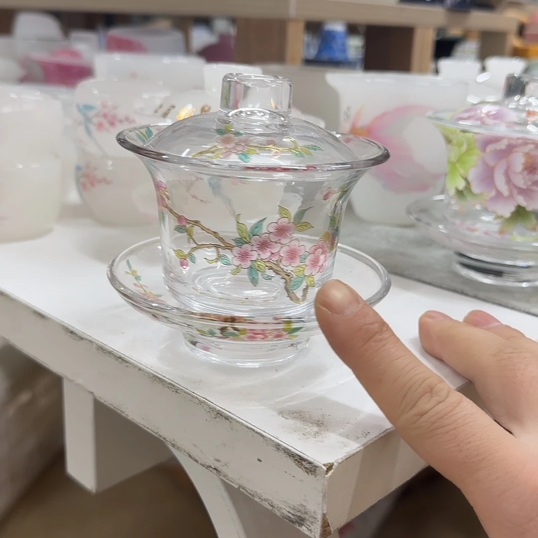 玻璃桃花一个盖碗
