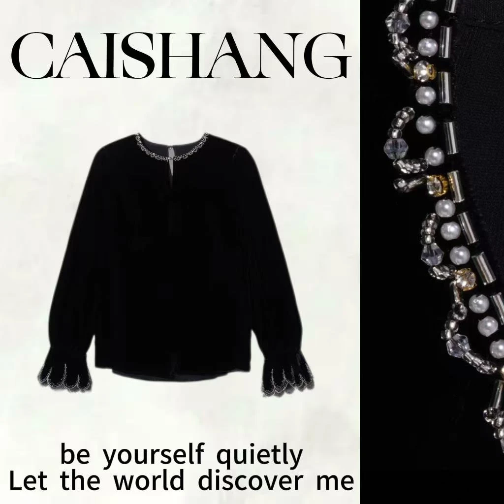 【彩裳专属】「花瓣」网红法式时尚钉珠亮片轻奢赫本花瓣真丝衬衫