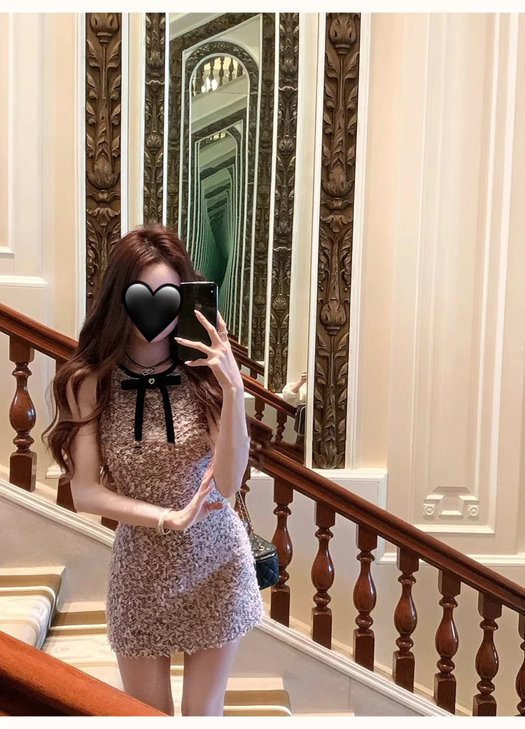 千金感粉色羽毛小香风连衣裙女夏季时尚气质收腰显瘦精致名媛短裙