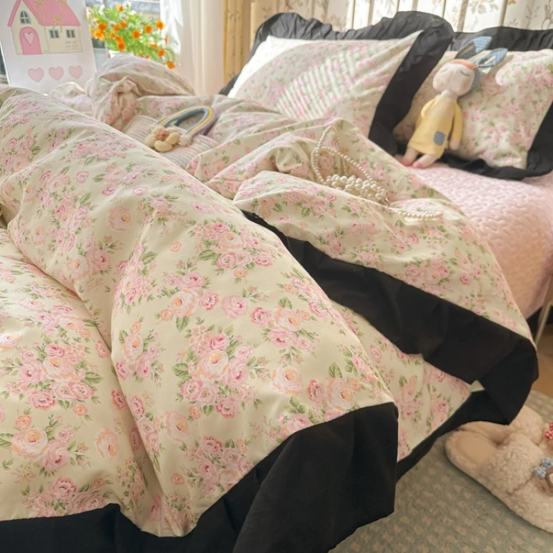 ins赫本风纯棉床上四件套100全棉被套床单人三件套床笠公主风床品