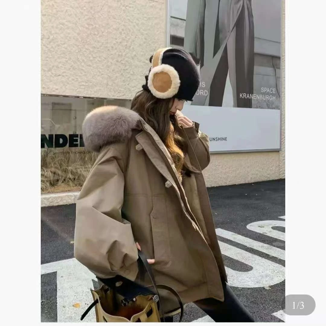 摩卡色大毛领连帽工装派克服冬季女2025新款棉服外套