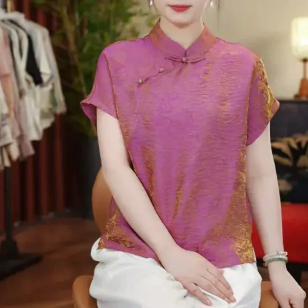 【苏杭版】新中式夏季仁丝缎提花浮光渐变斜襟立领国风短袖女士小衫