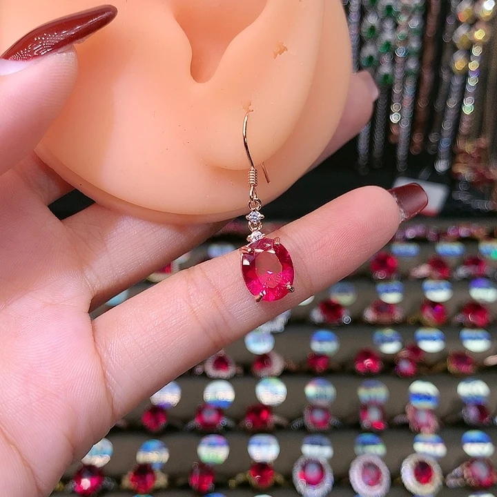 红宝石耳饰银S925镶嵌810