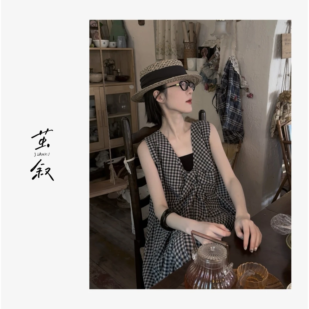 JIAN.XU【灰蓝织梦】复古灰蓝格V领背心裙 裙长110 胸围120