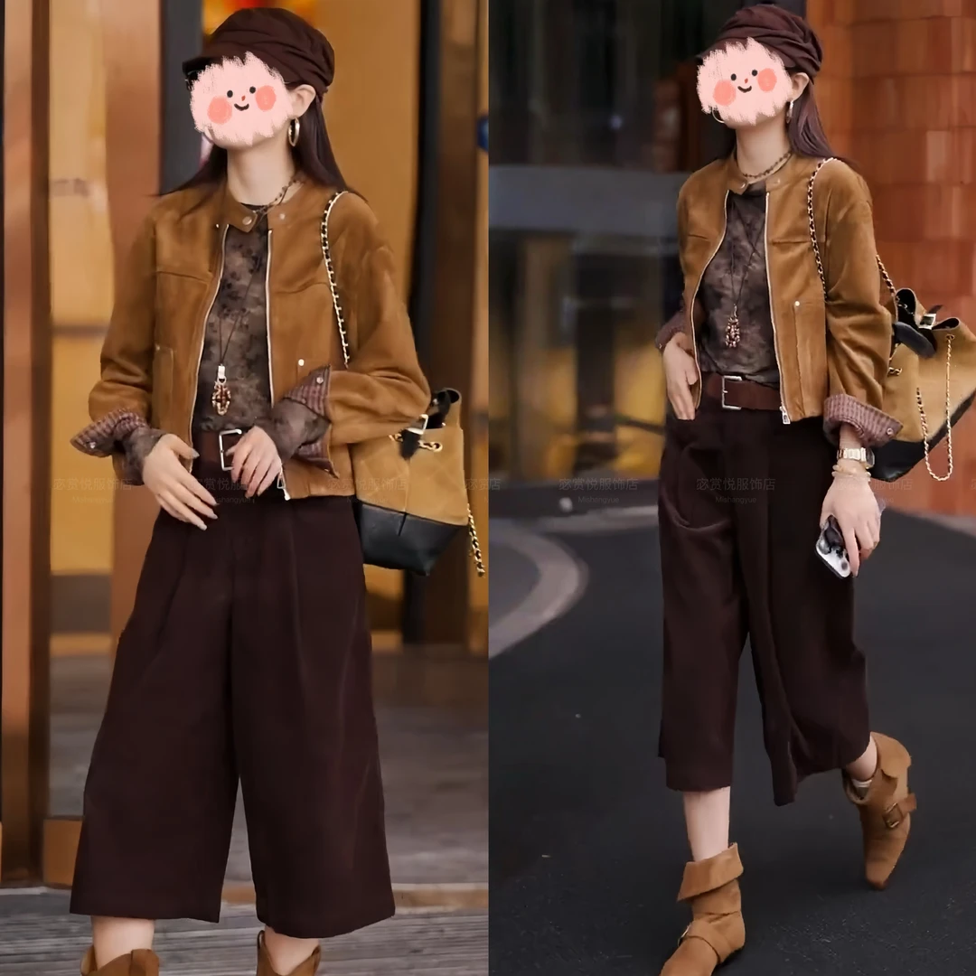 2025秋冬新款韩系气质百搭外套小众复古打底上衣休闲七分裤套装女