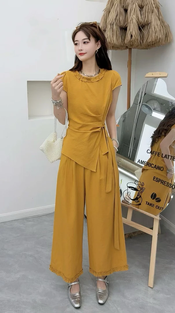 Y10932-简约风通勤套装女夏季木耳边洋气上衣套装新款阔腿裤潮