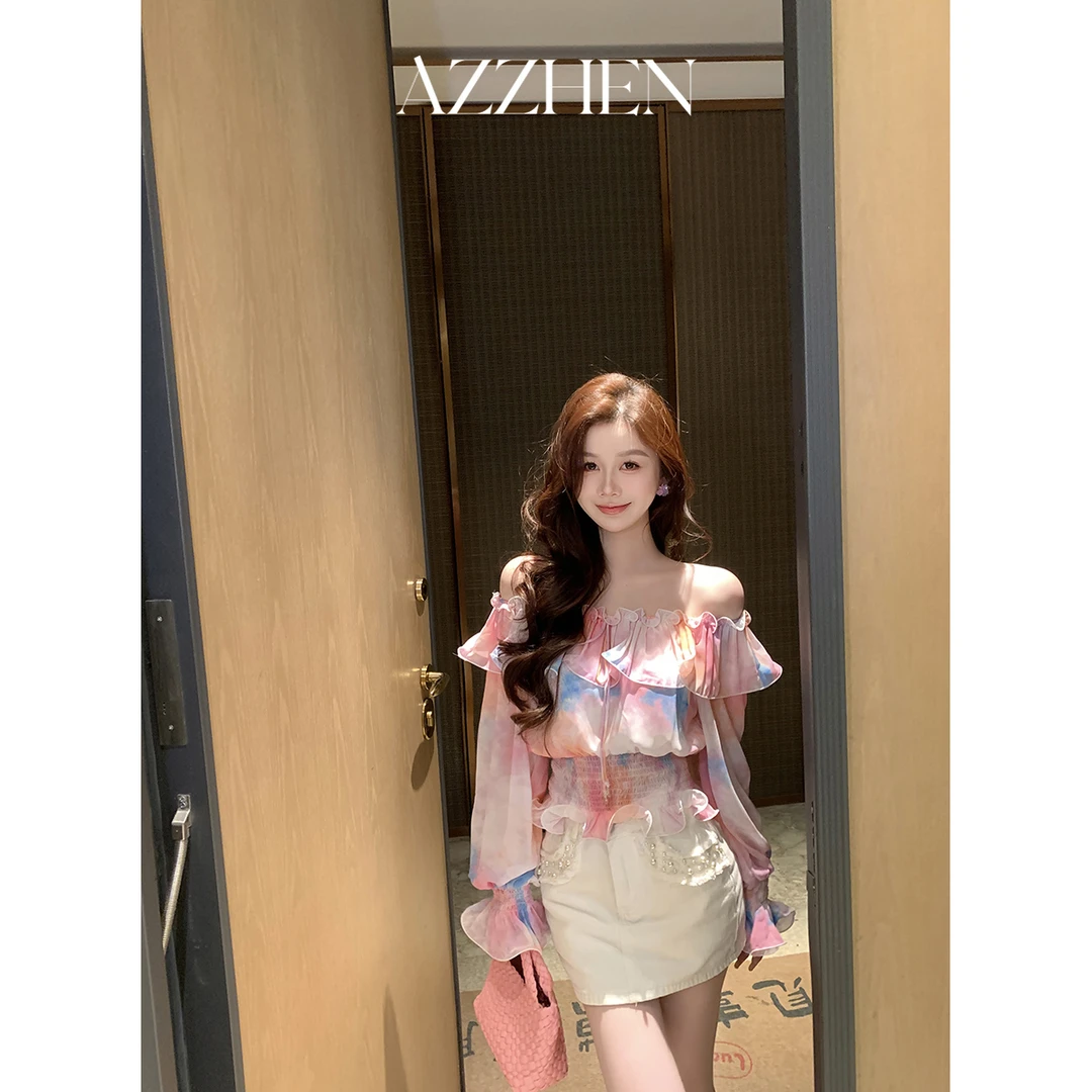 AZZHEN【人气甜豆】晕染雪纺打揽上衣法式减龄AZ4KSS12-00时尚气质