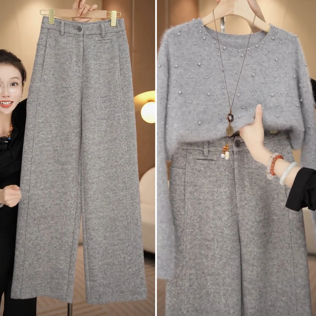 软糯羊毛呢窄版阔腿裤女2025秋冬季新款休闲裤高腰显瘦加厚直筒裤