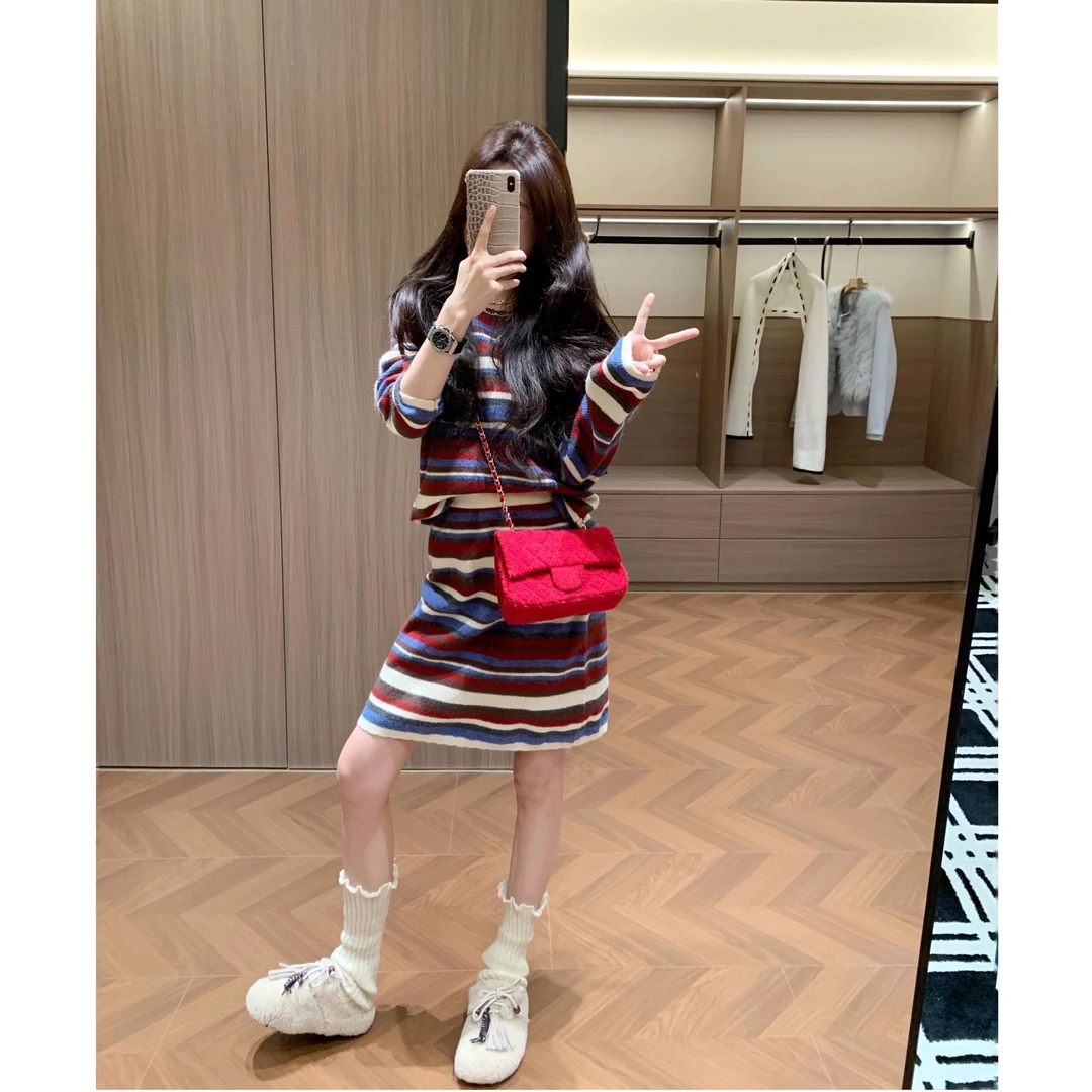 Leathercat巨好看的两件套冬装条纹针织半身裙套装女2025秋冬新款
