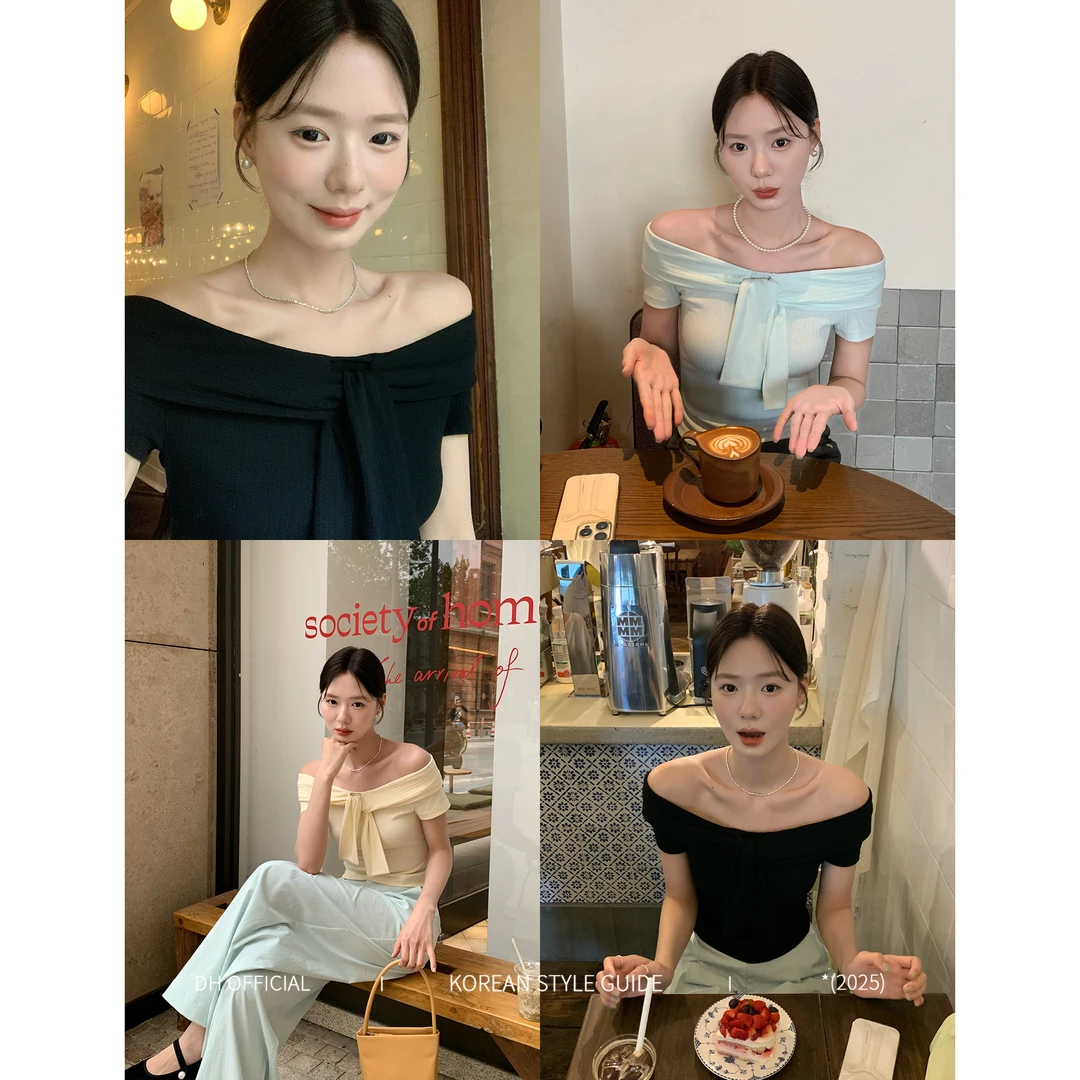 DH OFFICIAL 大花【清雅艺术生】遮肚子遮肉最新款一字肩上衣T恤