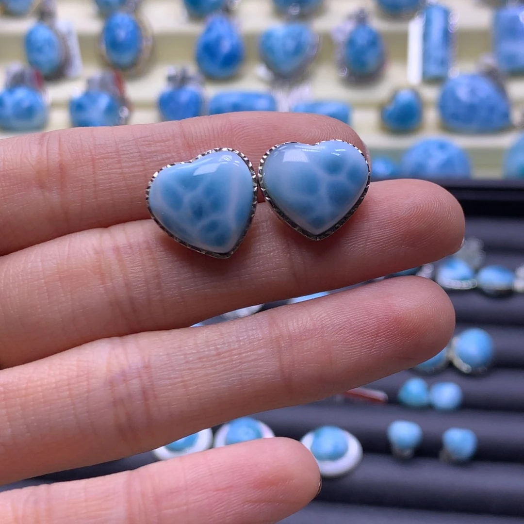 针钠钙石（海纹石）未镶嵌耳饰爱心耳钉色差略异