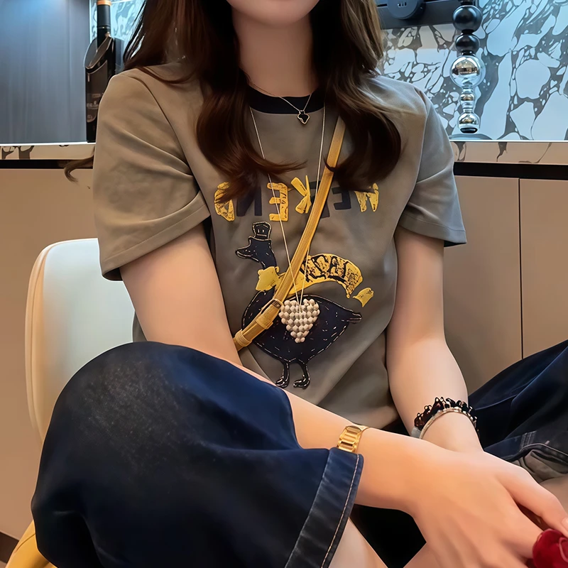 高含棉小个子潮流圆领显瘦短袖t恤2025年夏季新款宽松套头上衣潮