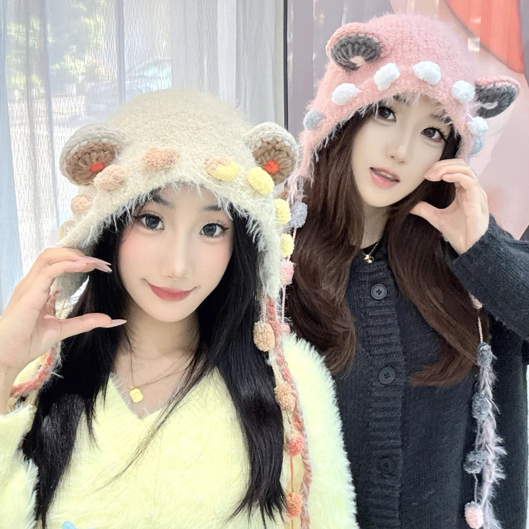ins可爱韩系小熊耳朵毛绒护耳帽女启动百搭保暖加厚针织套头帽潮