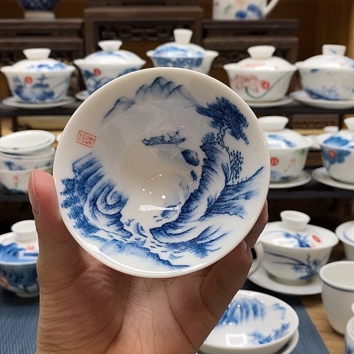 手绘主人杯斗笠星梦船釉下彩微瑕福利款